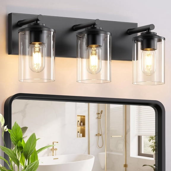 3-Light Bathroom Vanity Light Fixtures, Matte Black Bathroom Lighting Over Mirror with Clear Glass Shades, Modern Vanity Lights for Bath Wall Sconces Lamp for Powder Room, Bedroom, Hallway
