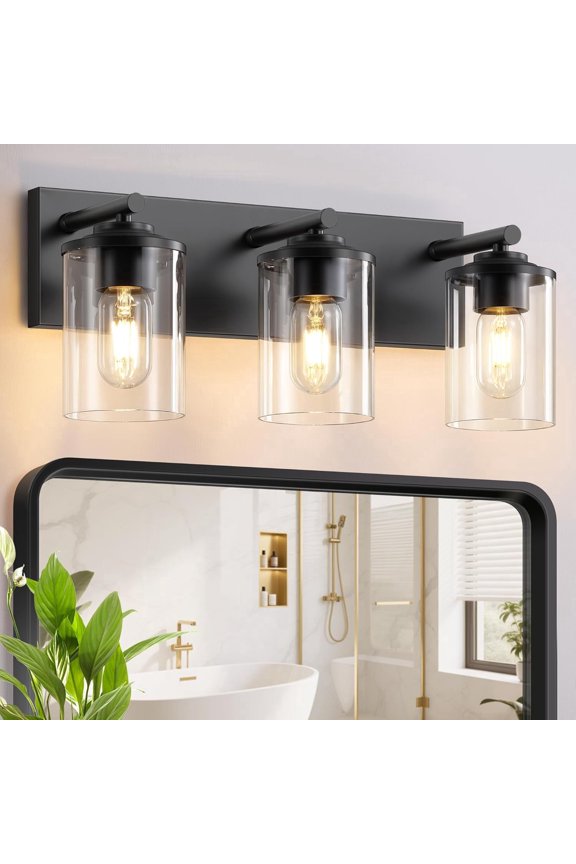 3-Light Bathroom Vanity Light Fixtures, Matte Black Bathroom Lighting Over Mirror with Clear Glass Shades, Modern Vanity Lights for Bath Wall Sconces Lamp for Powder Room, Bedroom, Hallway