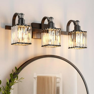 3-Light Bathroom Vanity Light Fixtures Modern Crystal Vanity Light Fixtures Over Mirror，3 Light Modern Crystal Wall Lighting with Square Shade