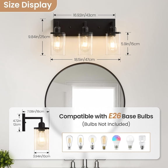 3-Light Bathroom Vanity Light Fixtures, Modern Matte Black Bathroom Lighting Fixtures Over Mirror with Square Clear Glass Shades, Bath Wall Sconce Lights for Dressing Table, Bedroom, Hallway