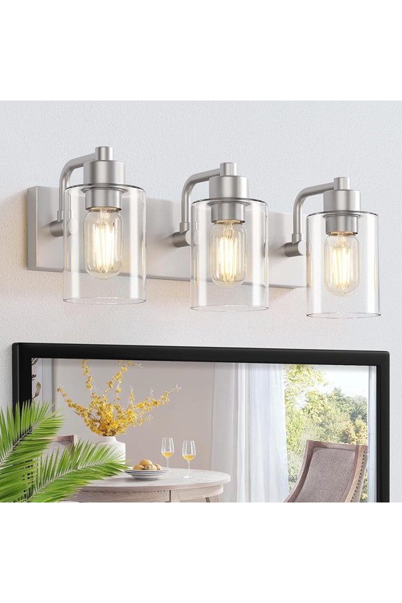 3 Light Bathroom Vanity Light Fixtures with Clear Glass Shade Brushed Nickel Bathroom Light Fixtures over Mirror,E26 Base (Bulbs Not Included)