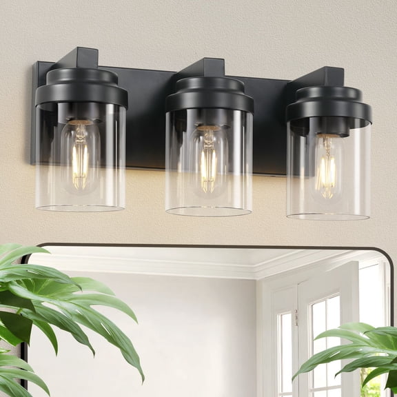 3-Light Bathroom Vanity Light, Matte Black Wall Fixture with Clear Glass Shades for Mirror, Farmhouse Modern Vanity Lighting for Bathroom Bedroom Living Room, Hardwired, E26 Base (Bulbs Not Included)