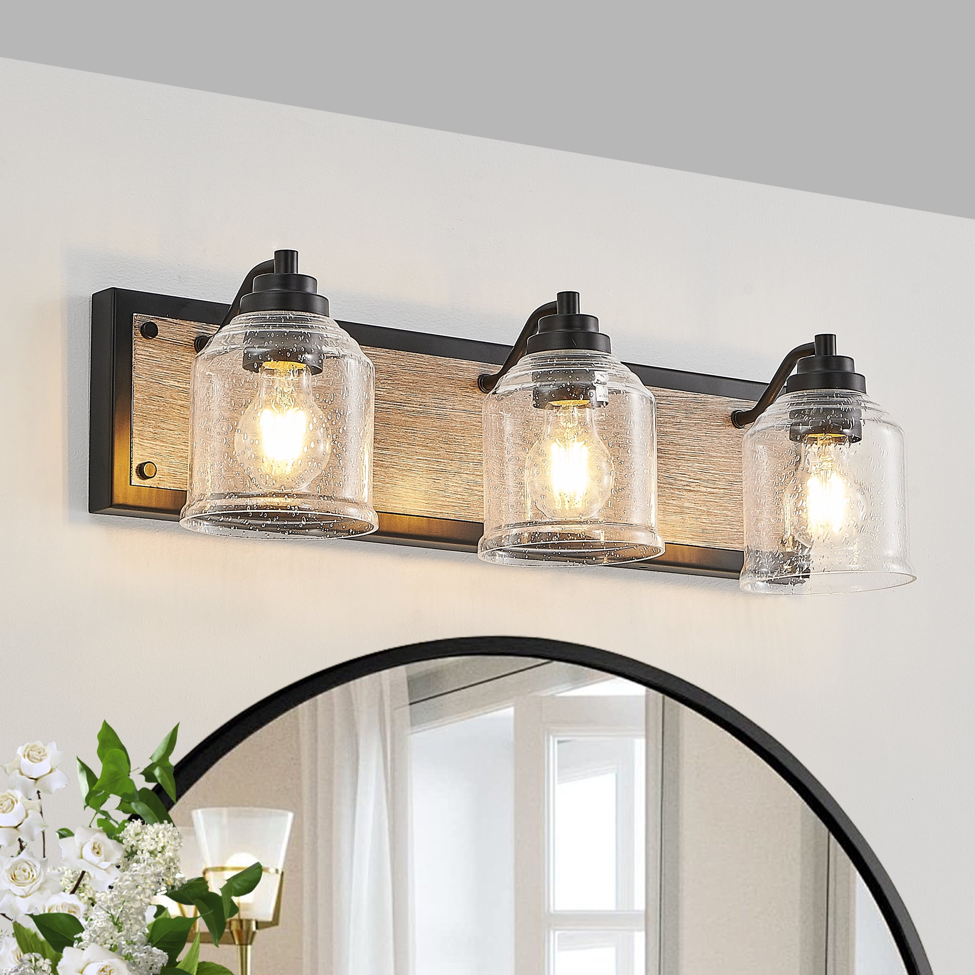 3-Light Bathroom Vanity Light Rustic Black Finish with Wood Backplate, E26, No Bulbs