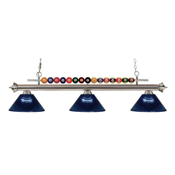 3 Light Billiard Light with Brushed Nickel Frame with Pool Balls Across The Top and Dark Blue Glass Dome Bailey Street Home 372-Bel-1867683