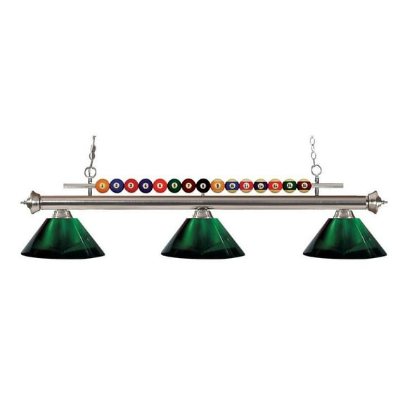 3 Light Billiard Light with Brushed Nickel Frame with Pool Balls Across The Top and Green Glass Dome Shades Bailey Street Home 372-Bel-1867682