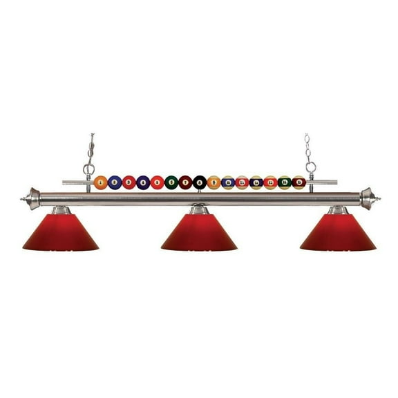 3 Light Billiard Light with Brushed Nickel Frame with Pool Balls Across The Top and Red Glass Dome Shades Bailey Street Home 372-Bel-1867662