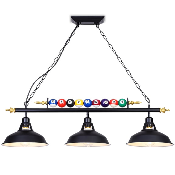 3-Light Billiard Pool Table Lights Hanging Over Pool Table, Black Matte Metal Shades with Billiard Ball Decor, for Billiards Room, Snooker Table, Kitchen Island