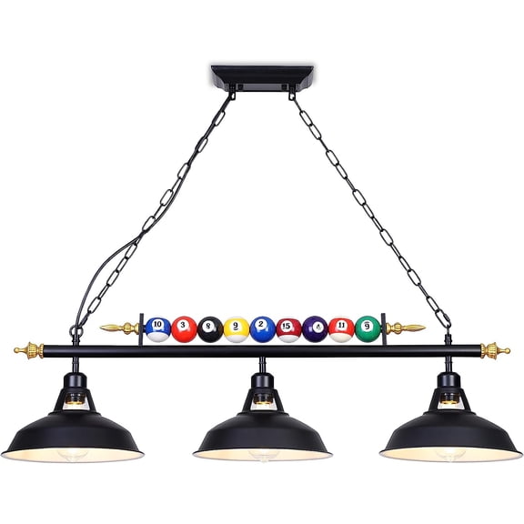 3-Light Billiard Pool Table Lights Hanging Over Pool Table, Black Matte Metal Shades with Billiard Ball Decor, for Billiards Room, Snooker Table, Kitchen Island