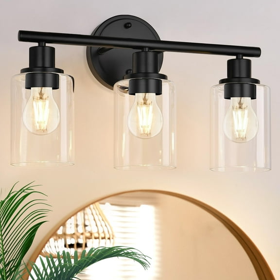 3-Light Black Bathroom Light Fixture with Clear Glass Shade