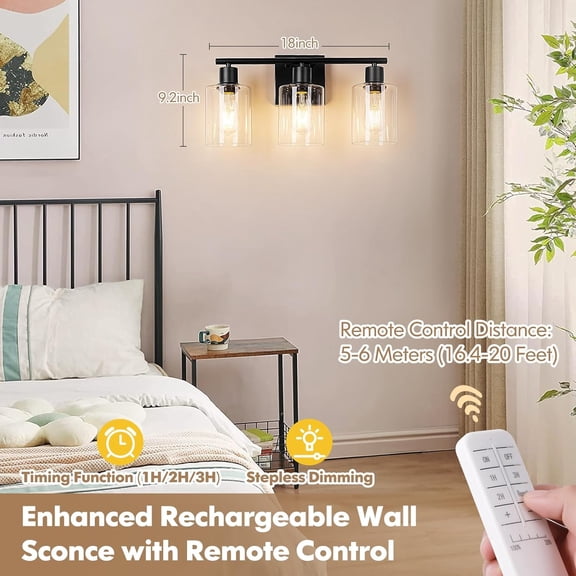 3-Light Black Battery Operated Wall Sconce, Wireless Rechargeable Vanity Light with Remote & Bulbs, Modern Dimmable Indoor Fixture for Bedroom, Bathroom, Living Room