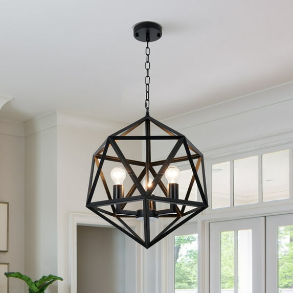 3-Light Black Diamond Cut Iron Chandelier with 31.5" Chain | E26 Base | 20"W x43"H Mounted Size for Dining Room Industrial Ceiling Lighting