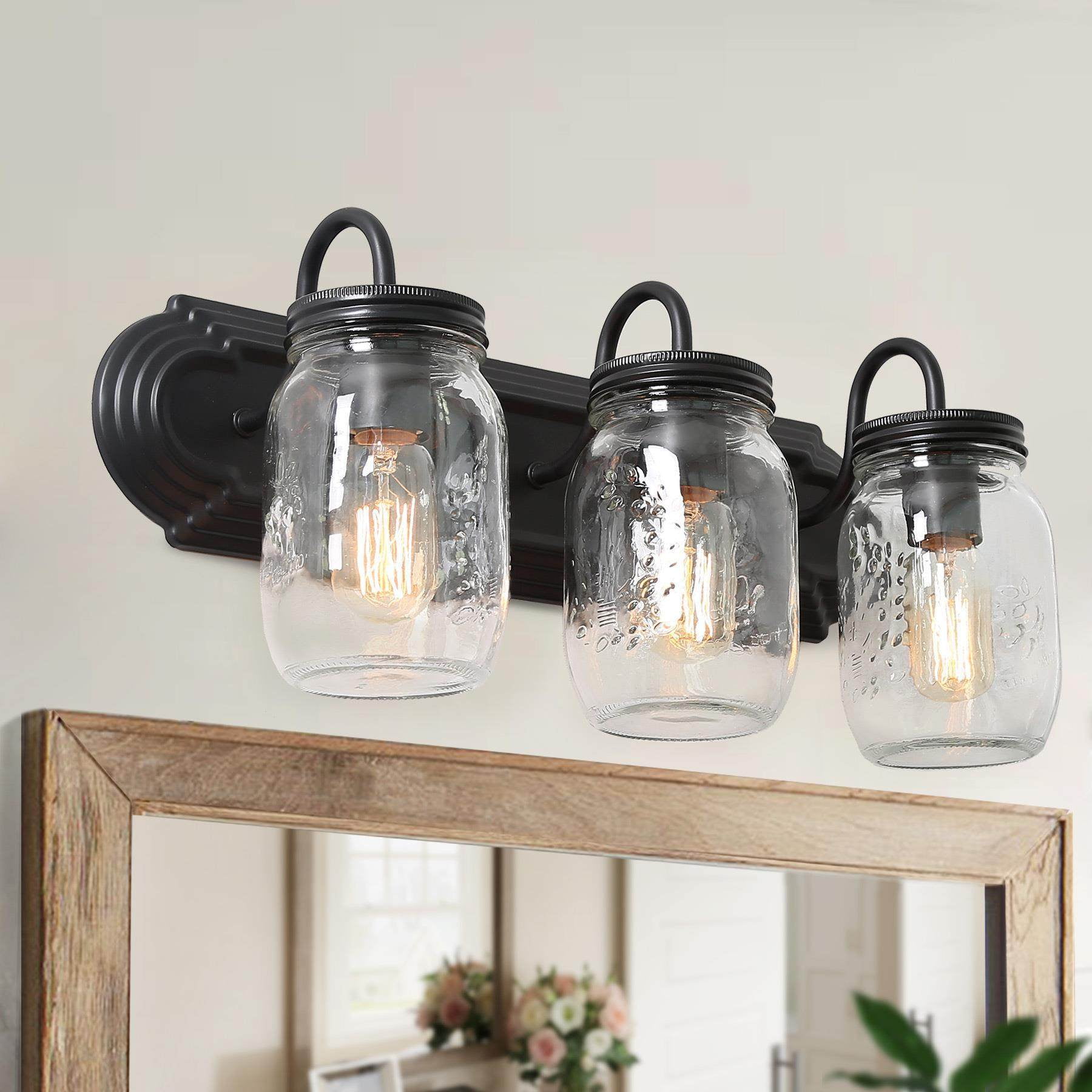 LNC 3-Light Black Geometric Clear Mason Jar Glass Shade Modern Bathroom Vanity Light