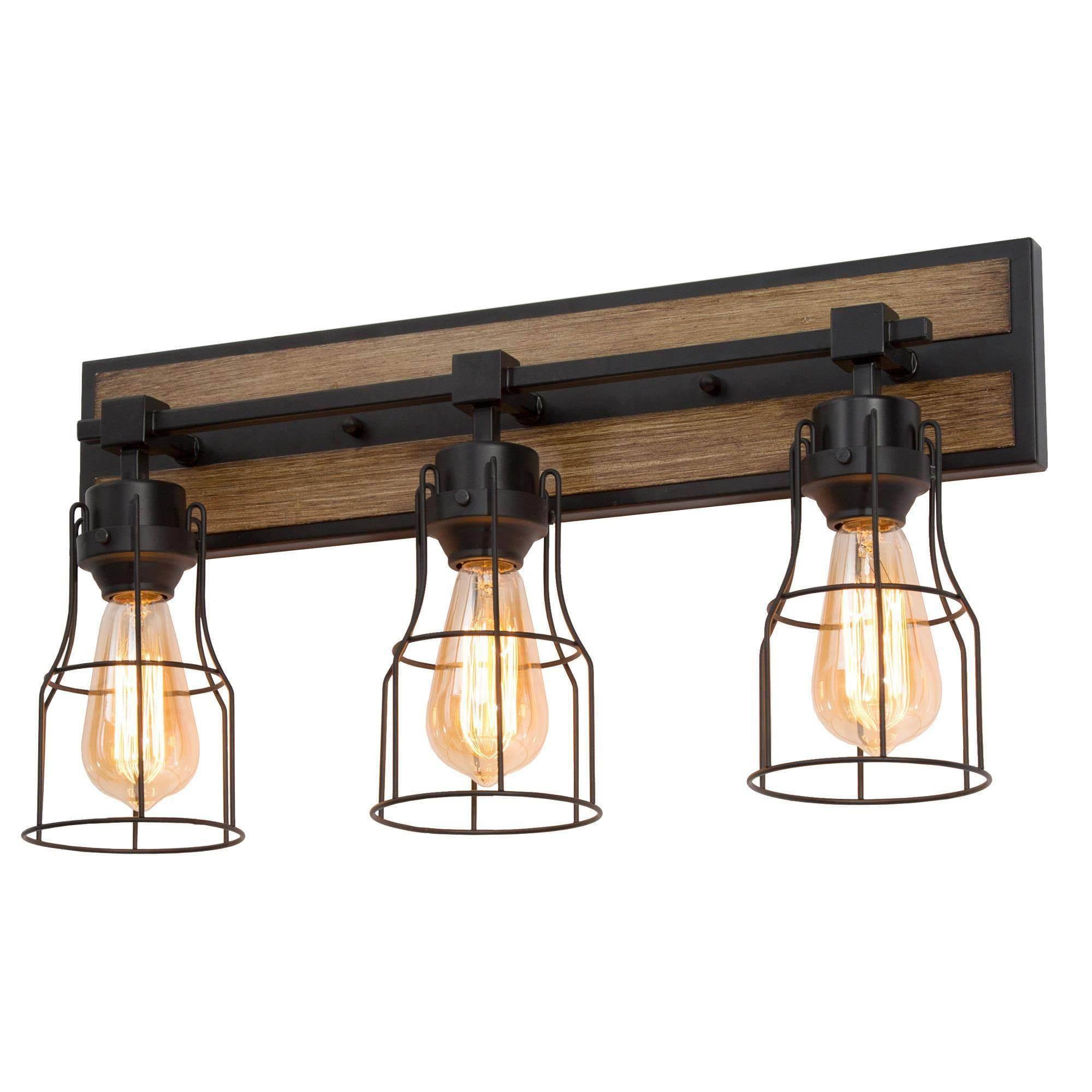 LNC 3-Light Black Geometric Modern Farmhouse Wood Tone Bathroom Vanity Lighting Fixutre