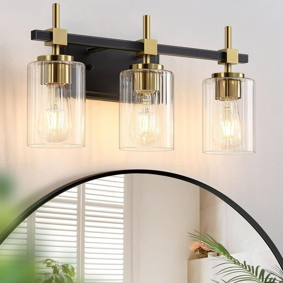 3-Light Black and Gold Bathroom Light Fixtures, Vanity Lights for Bathroom with Textured Glass Shade, Modern Vanity Wall Lighting Over Mirror, Vintage Wall Lamp for Living Room Cabinet Hallway