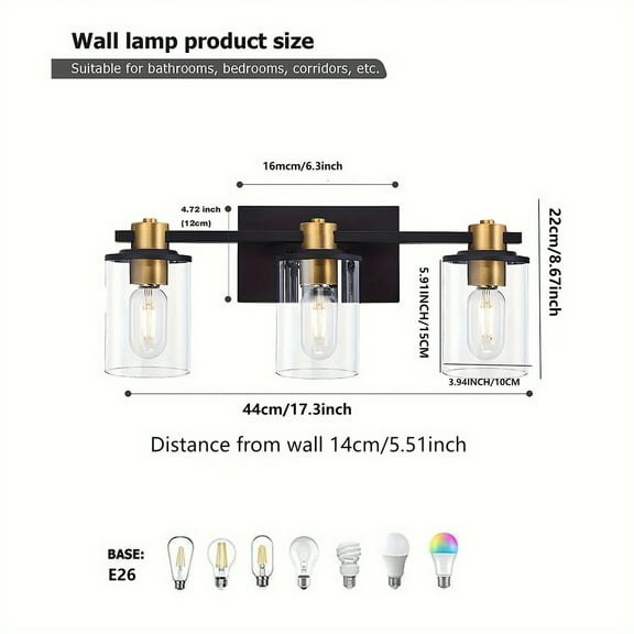 3 Light Black And Golden Bathroom Vanity Light Fixtures Over Mirror, 4 Light Modern Brass Wall Sconce With Glass Ball Shade, Mid Century Farmhouse Vanity Lighting (Bulb Not Included)