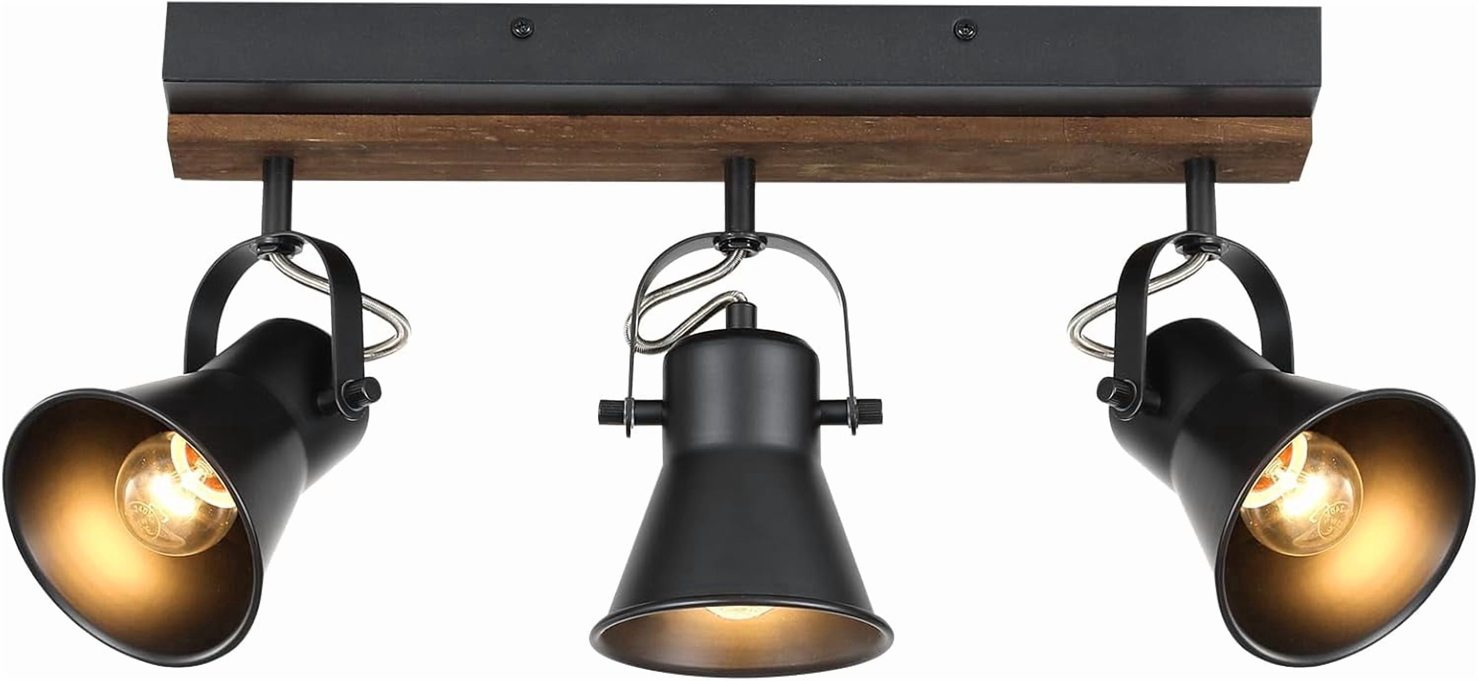 KEESFU 3-Light Industrial Track Lighting Fixture, Black Round Head Ceiling Spot Light with Wood Accent, Adjustable Wall Light for Kitchen Living Room