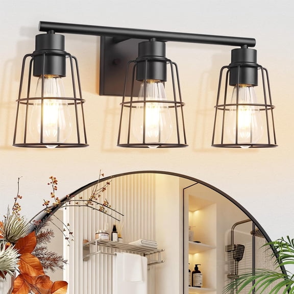 3-Light Black Wire Cage Bathroom Vanity Light, Farmhouse Rustic Wall Sconce Over Mirror, 17.9 Inch Industrial Metal Lampshade, E26 Socket, Bulbs Not Included