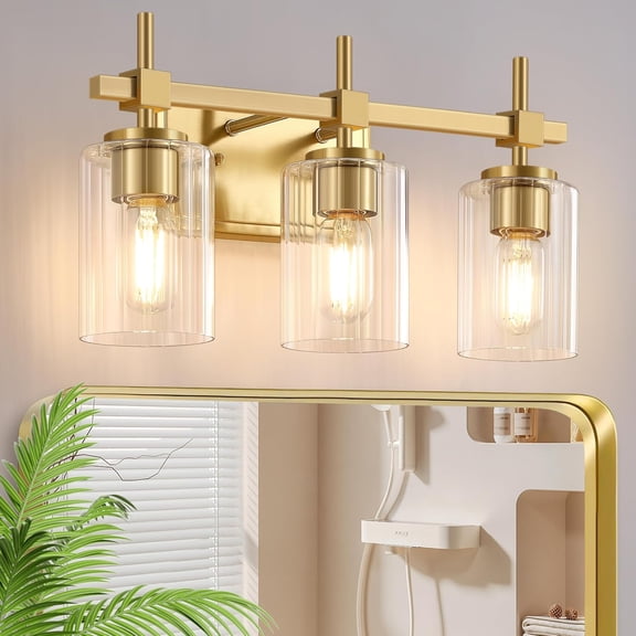 3-Light Black and Gold Reversible Vanity Light with Clear Textured Glass Shades