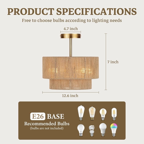 3-Light Boho Light Fixtures Ceiling Mount,12.6'' Rattan Semi Flush Mount Ceiling Light Fixture,Coastal Hemp rope Drum Light Fixtures with 2-Tier Shade, Farmhouse Light Fixture for Bedroom Hallway