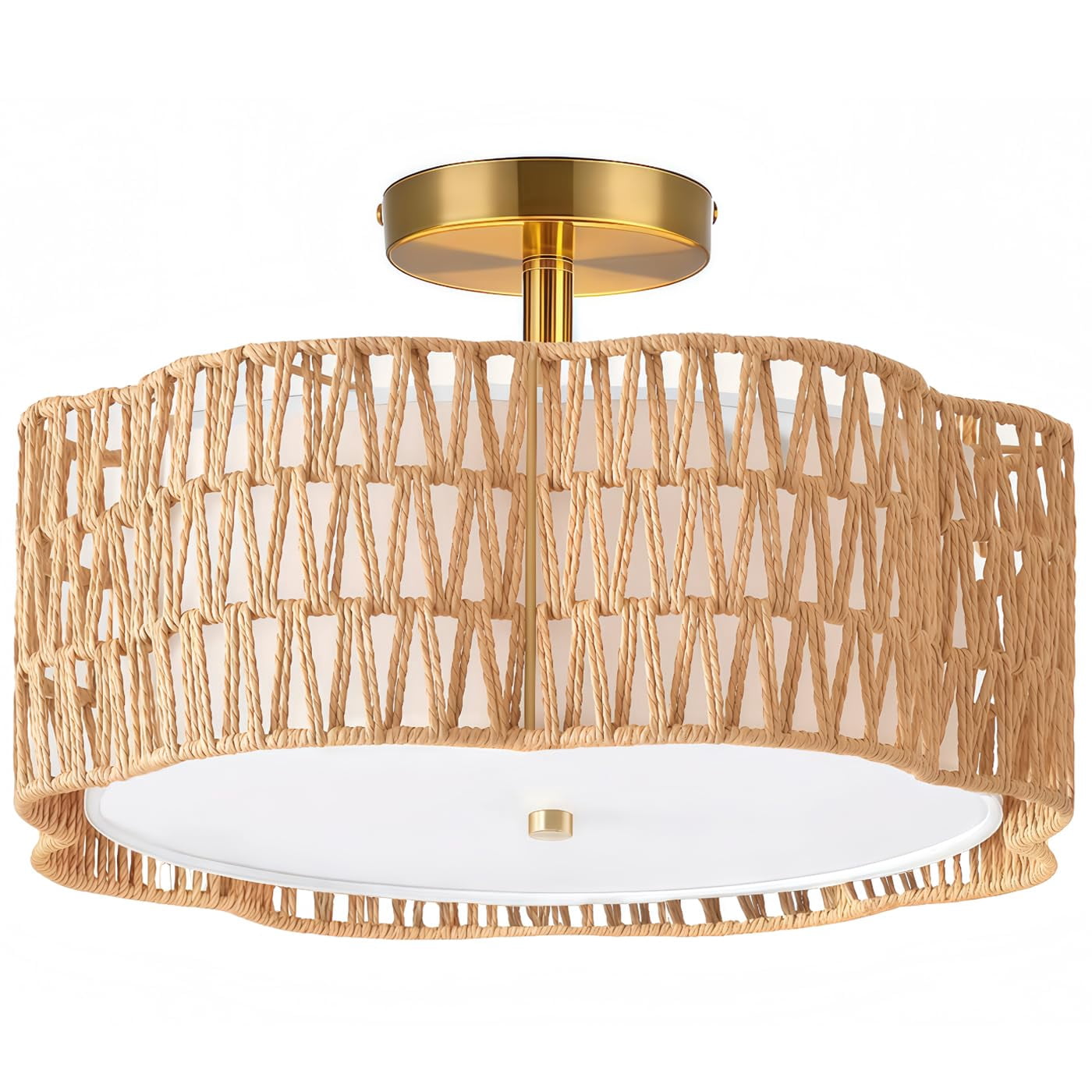 3-Light  Boho Light Fixtures Flush Mount, Rattan Ceiling Light Fixtures Flush Mount Gold for Bedroom, Flower-Shaped Close to Ceiling Light Fixture for Hallway Kitchen