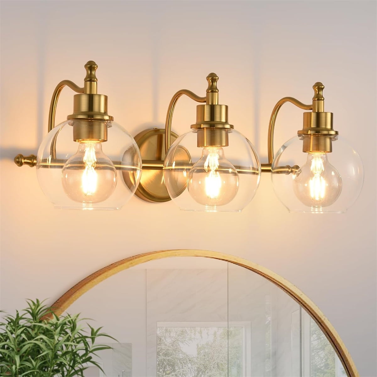 3Light Brushed Brass Bathroom Light Fixtures Farmhouse Wall Sconces with Globe Clear Glass