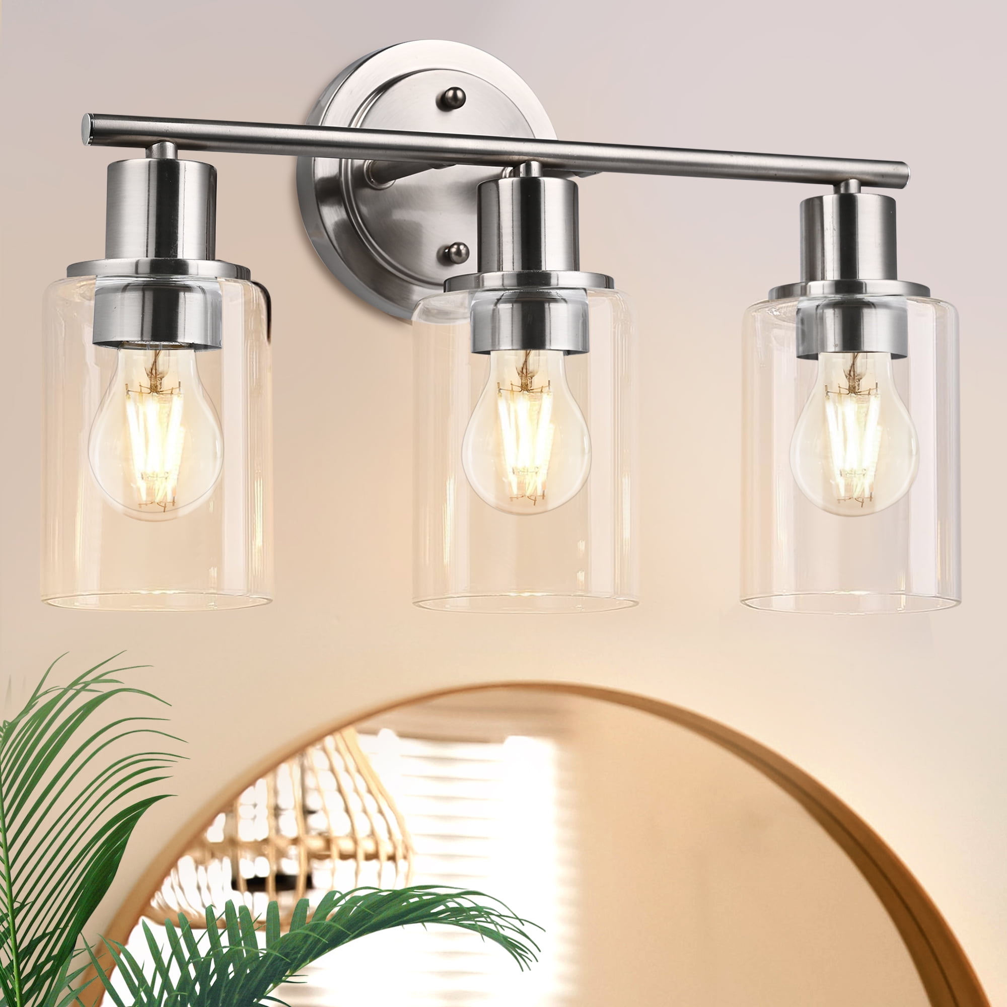 3-Light Brushed Nickel Bathroom Light Fixture with Clear Glass Shade