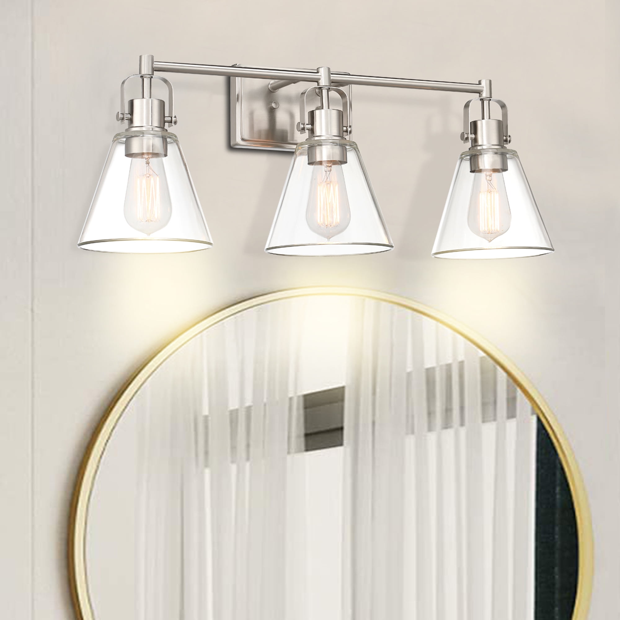 3-Light Brushed Nickel Bathroom Vanity Light Fixtures over Mirrors with ...