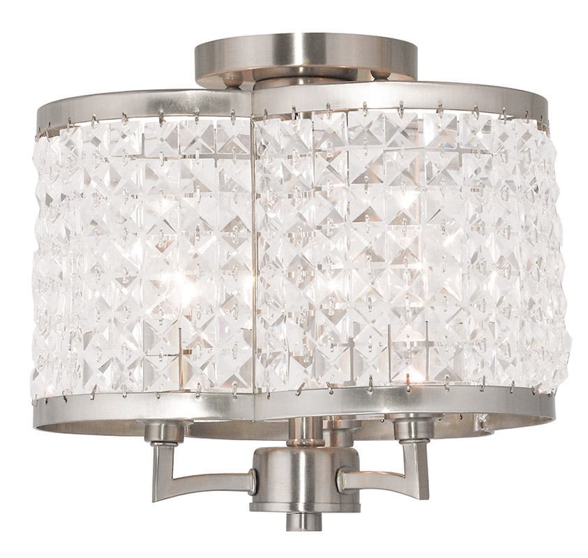 3 Light Brushed Nickel Ceiling Light fixture with Clear Crystals Shade