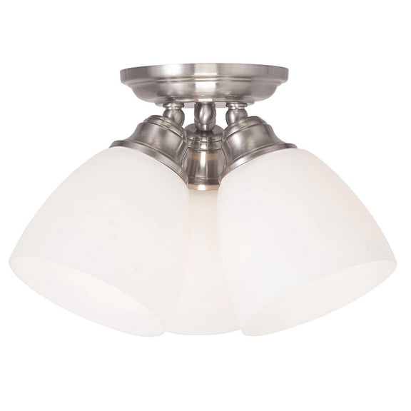 3 Light Brushed Nickel Ceiling Light fixture with Hand Blown Satin Opal White Glass Shade