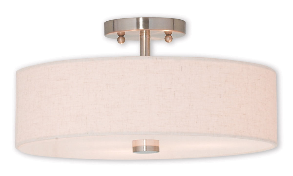 3 Light Brushed Nickel Ceiling Light fixture with Hand Crafted Oatmeal Color Fabric Hardback Shade