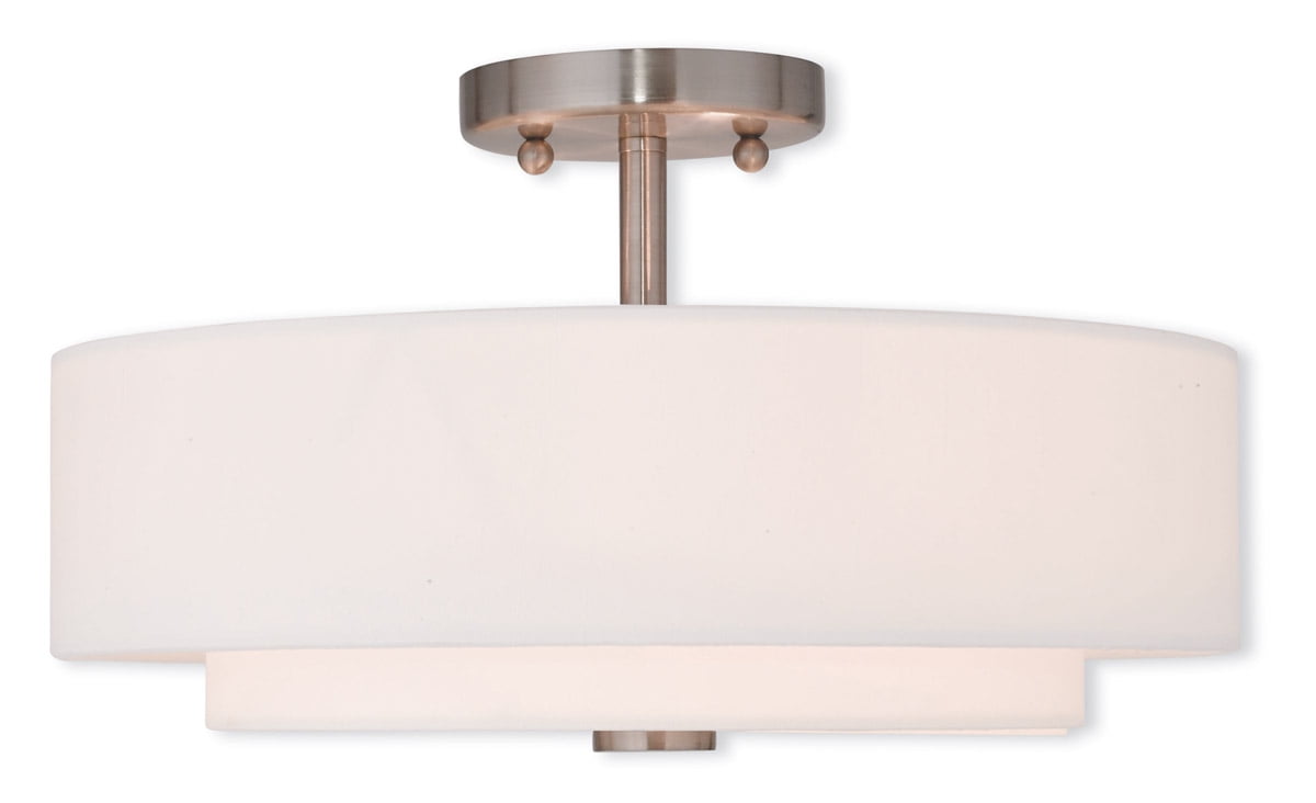 3 Light Brushed Nickel Ceiling Light fixture with Hand Crafted Off-White Fabric Hardback Shade