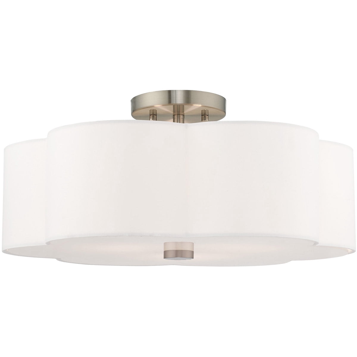 3 Light Brushed Nickel Ceiling Light fixture with Hand Crafted Off-White Fabric Hardback Shade