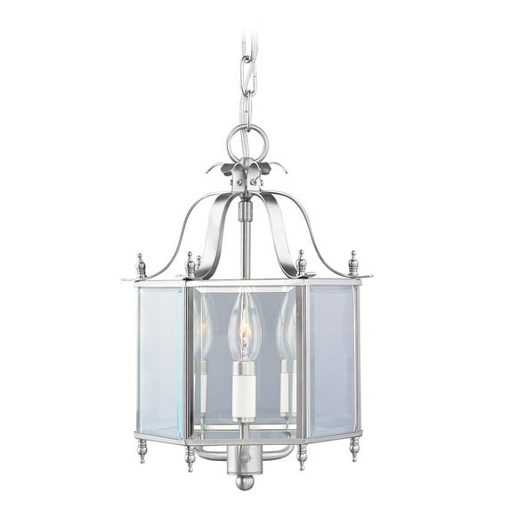 3 Light Brushed Nickel Chain Hang/Ceiling Light fixture with Clear Beveled Glass Shade
