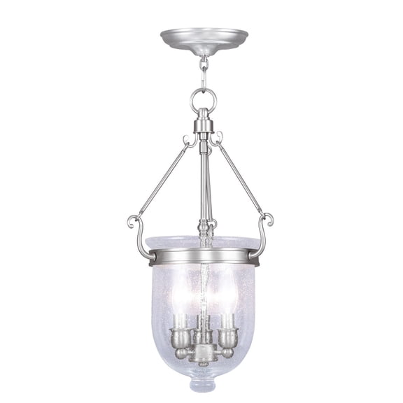 3 Light Brushed Nickel Chain Lantern Pendant Lighting Fixture with Seeded Glass Shade backed with Steel material for patio, front porch, entryway and more