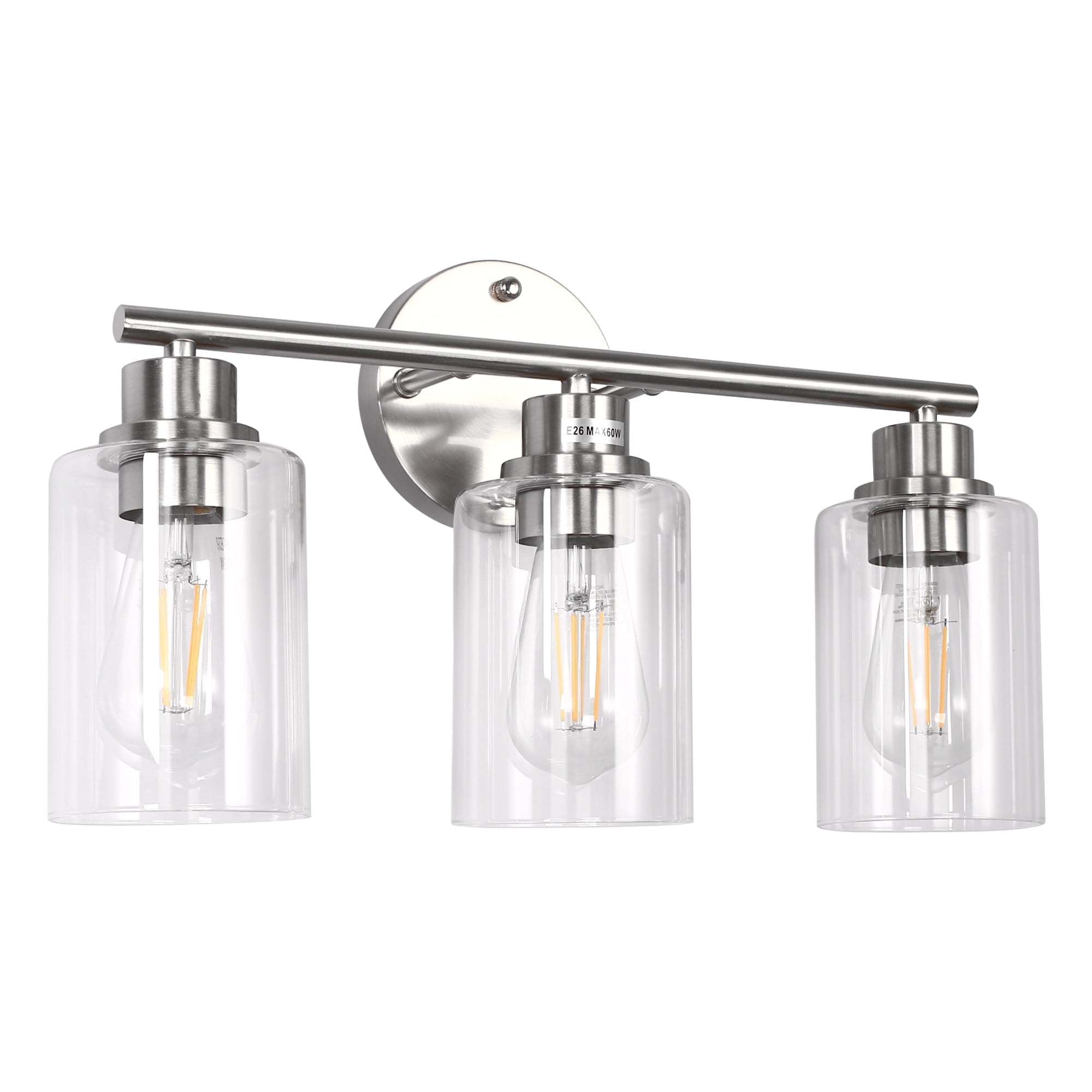 3-Light Brushed Nickel Cylinder Modern Bathroom Vanity Light with Clear Glass Shade,Wall Lamp for Mirror Kitchen Bedroom