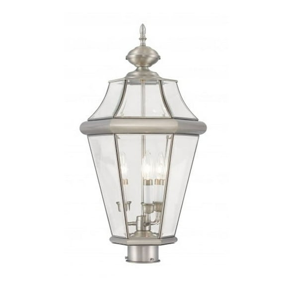 3 Light Brushed Nickel Outdoor Post Lantern Pendant Lighting Fixture with Clear Beveled Glass Shade backed with Hand crafted Solid Brass material for patio, front porch, entryway and more