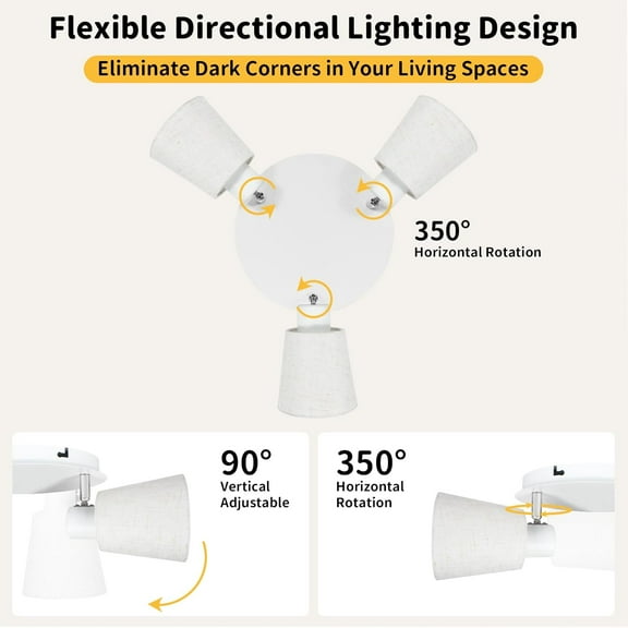 3-Light Ceiling Light Fixture, Directional Track Lighting Modern White, Farmhouse Fabric Flush Mount Spotlight for Kitchen, Bedroom, Living Room, E26 Base (Bulbs Not Included)