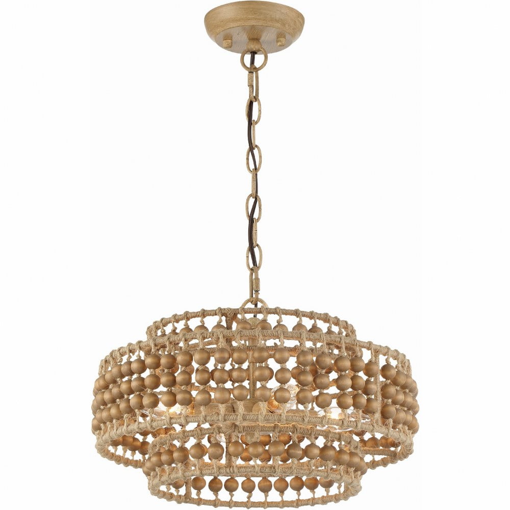 Burnished Silver 3-Light Chandelier with Natural Wood Beads