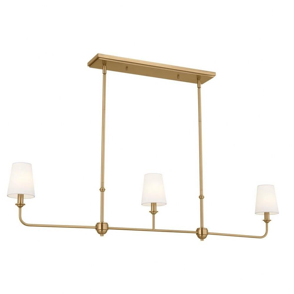 Brushed Natural Brass 3-Light Linear Chandelier with Fabric Shades
