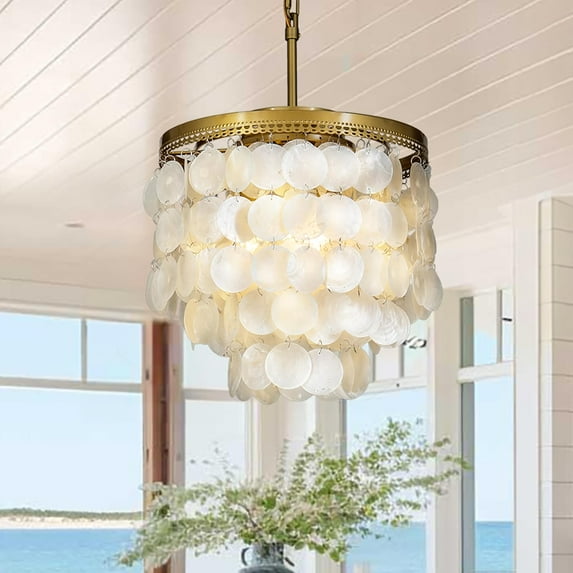 3-Light Coastal Capiz Natural Seashell Chandelier Lighting Unique 3 Tiers Ceiling Light Antique Brass Electroplate Flush Mount Interior Decor Pendant Light Fixture W13.75 inch (Gold)