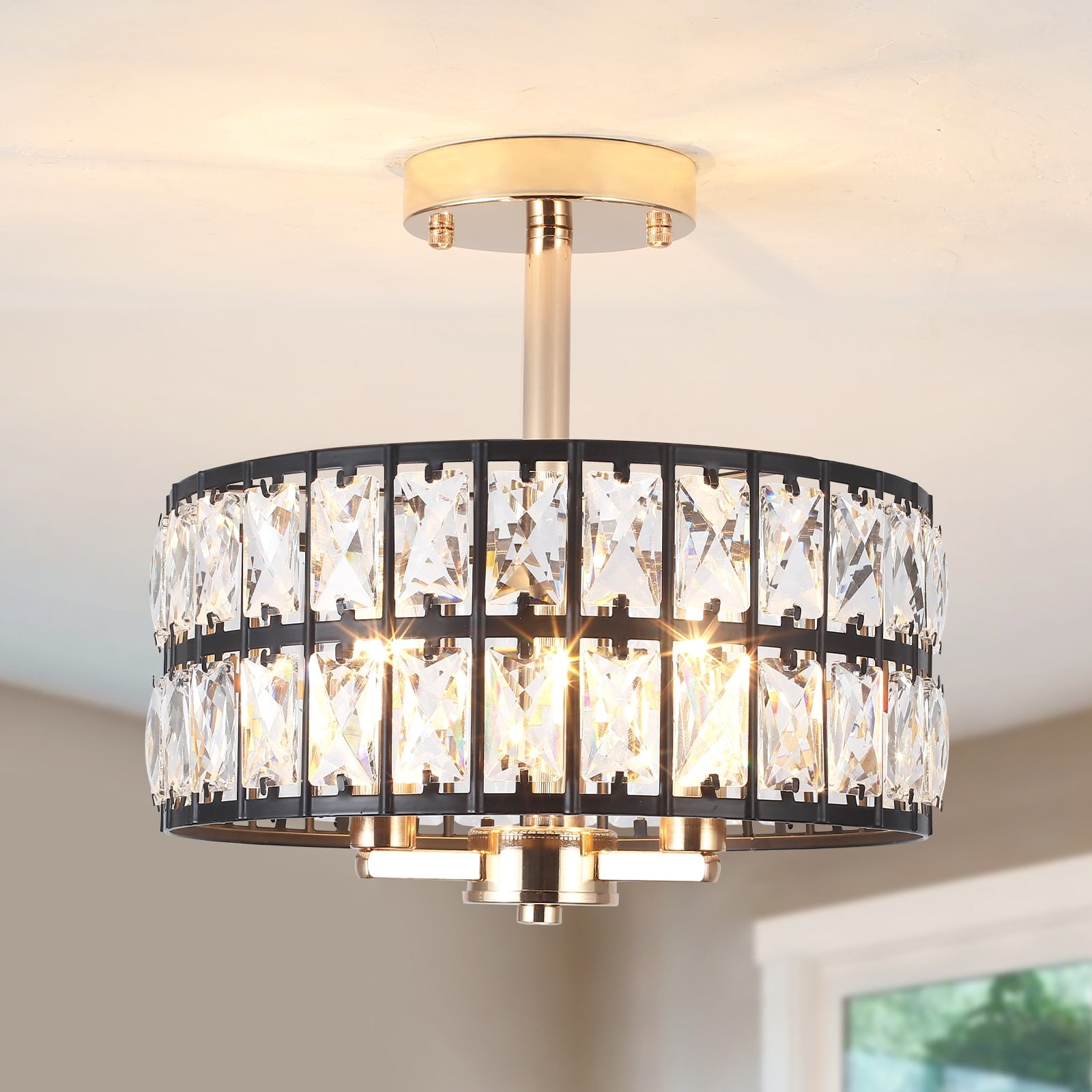 Elegant Black and Gold Crystal Semi Flush Mount Ceiling Light