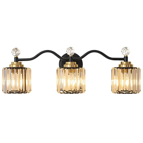 Deyidn 26" Modern 3-Light Black Gold Bathroom Vanity Light - Dimmable Bathroom Transitional Fixture with Crystal Glass Shades