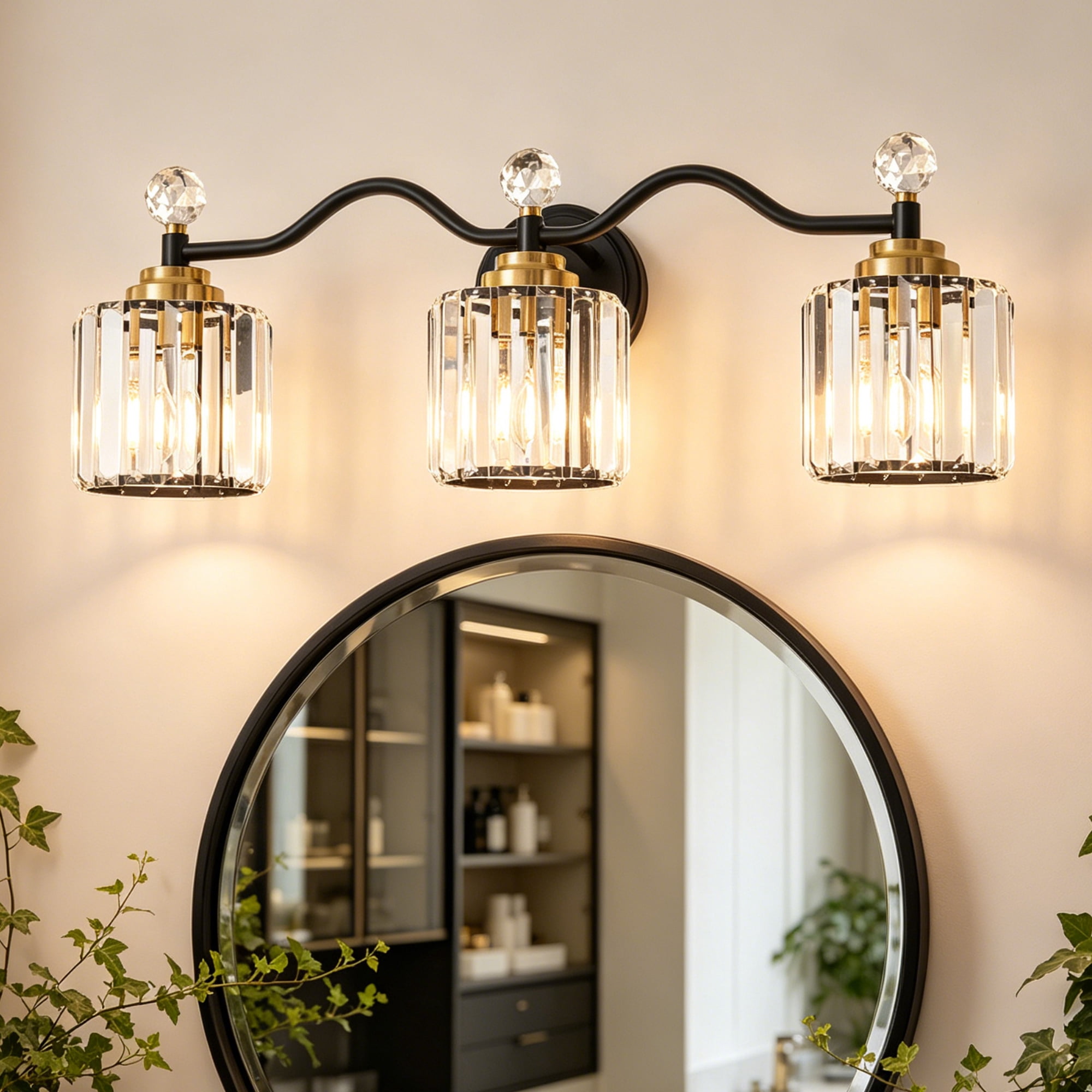 Deyidn 26" Modern 3-Light Black Gold Bathroom Vanity Light - Dimmable Bathroom Transitional Fixture with Crystal Glass Shades