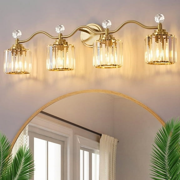 Deyidn 34.8" Modern 4-Light Gold Bathroom Vanity Light - Dimmable Bathroom Transitional Fixture with Crystal Glass Shades