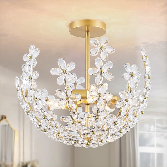 3-Light Dimmable Gold Semi-Flush Mount Ceiling Light With Clear Crystal Flower Shade