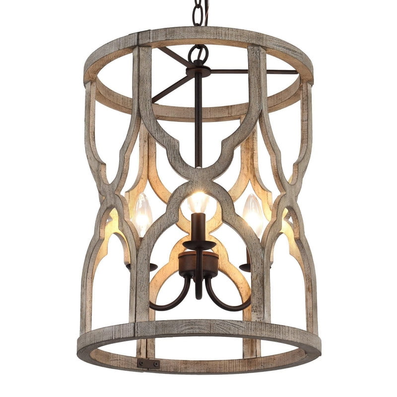 LNC 3-Light Distressed Grayish Wood and Rustic Bronze Cylinder Farmhouse Chandelier