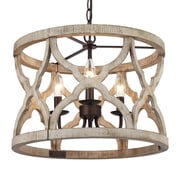 LNC 3-Light Distressed Grayish Wood and Rustic Bronze Drum Farmhouse Chandelier