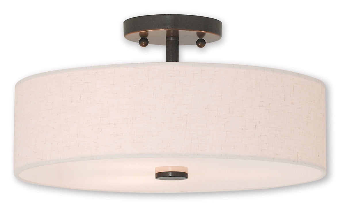 3 Light English Bronze Ceiling Light fixture with Hand Crafted Oatmeal Color Fabric Hardback Shade