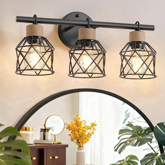 3-Light Farmhouse Bathroom Vanity Light Fixtures over Mirror Matte Black Bathroom Vanity Light Fixtures with Metal Cage Lampshade for Living Room Bedroom Hallway Cabinet