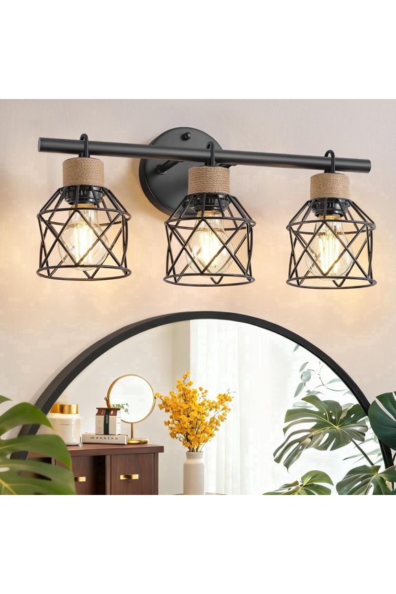 3-Light Farmhouse Bathroom Vanity Light Fixtures over Mirror Matte Black Bathroom Vanity Light Fixtures with Metal Cage Lampshade for Living Room Bedroom Hallway Cabinet